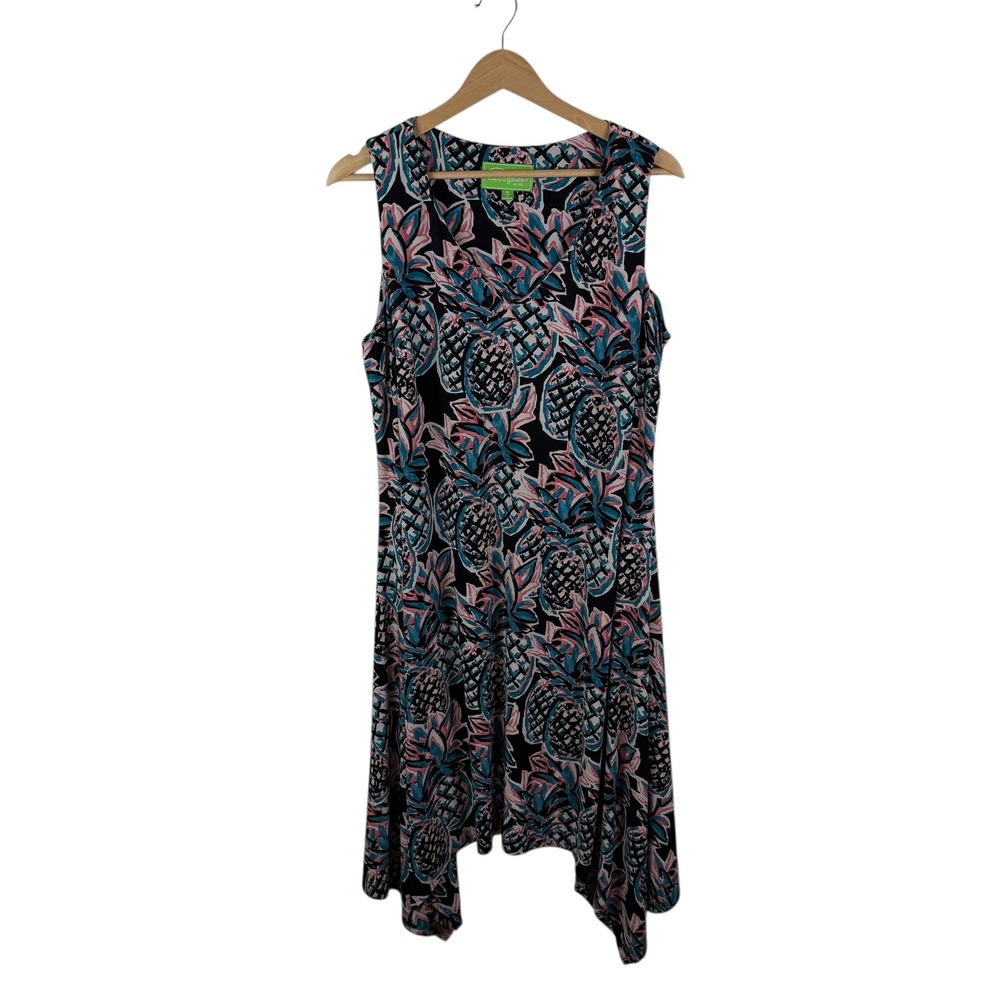 Cappagallo Pineapple Print Sleeveless Midi Dress Sz XL Hanky Hem Preppy Stretch